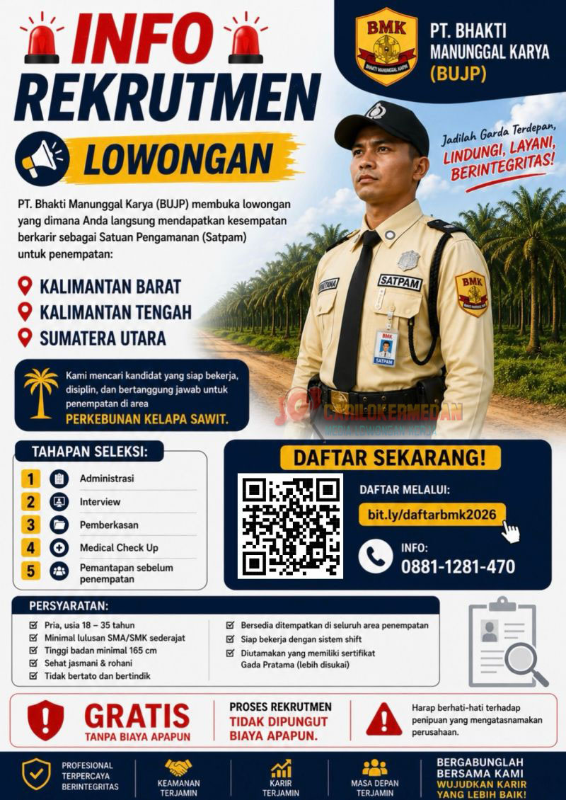 Loker SMA SMK Di PT Bhakti Manunggal Karya Sumatera Utara Juli 2026