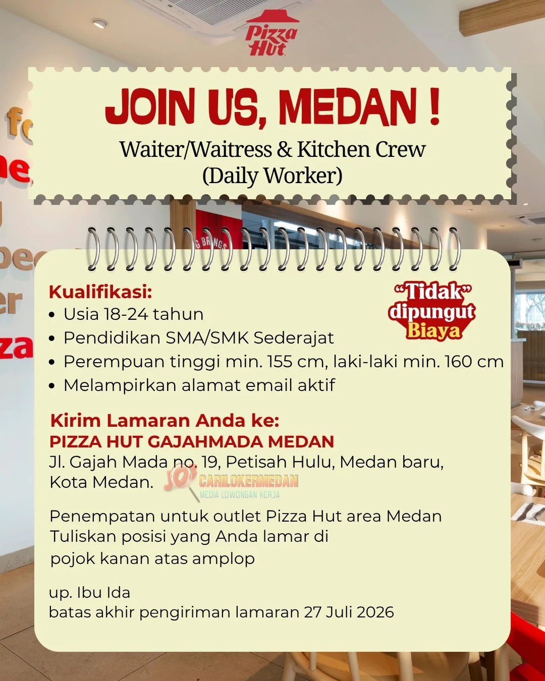 Loker SMA SMK Di Pizza Hut Indonesia Gajah Mada Medan Juli 2026