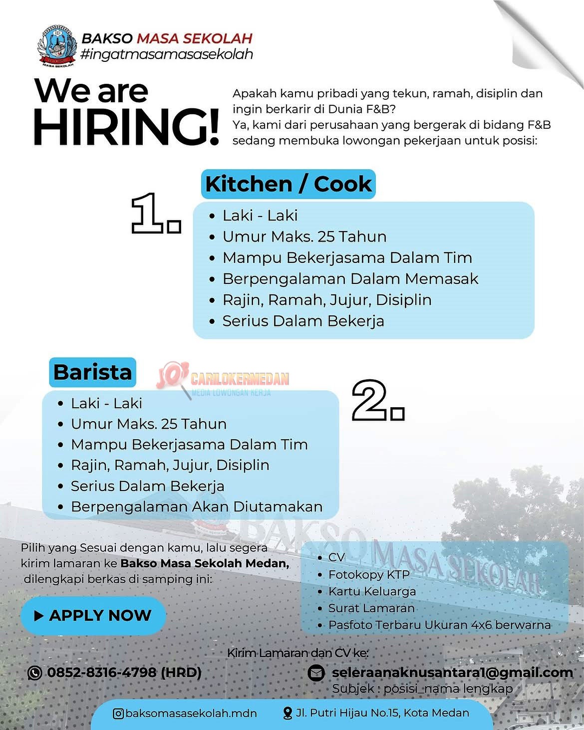 Loker SMA SMK Di Bakso Masa Sekolah Medan Agustus 2026
