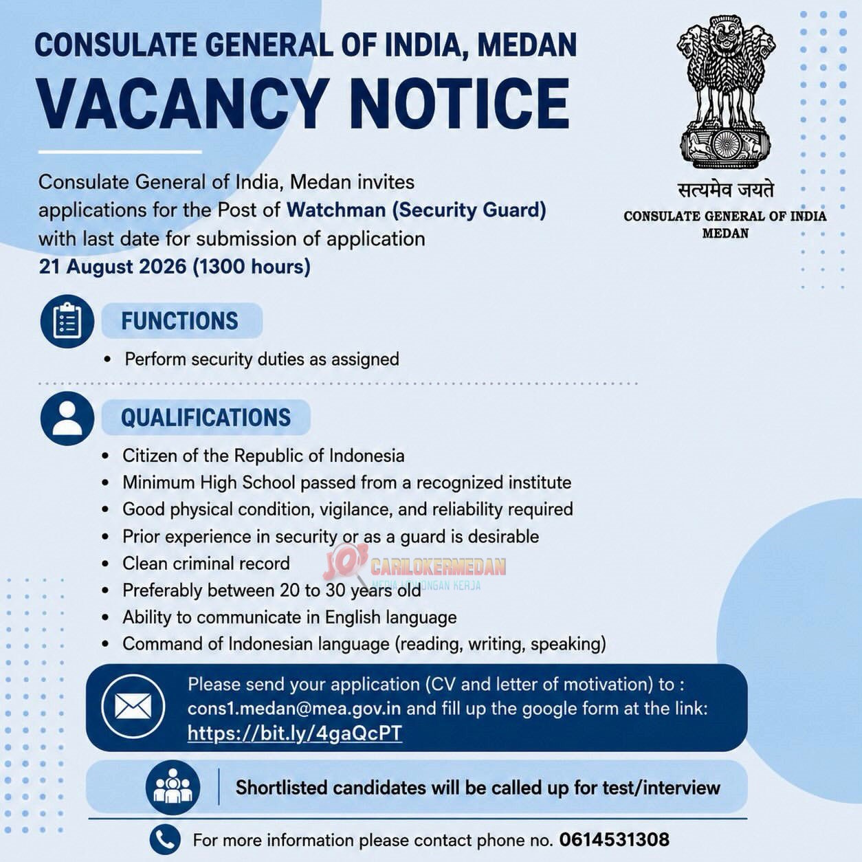 Loker SMA SMK Di Konsulat Jenderal India Di Medan Agustus 2026