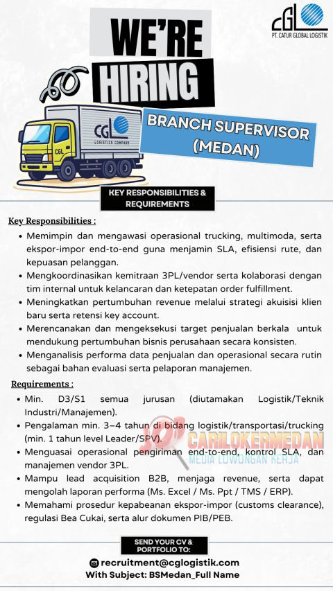 Loker D3 S1 Di PT Catur Global Logistik Medan September 2026