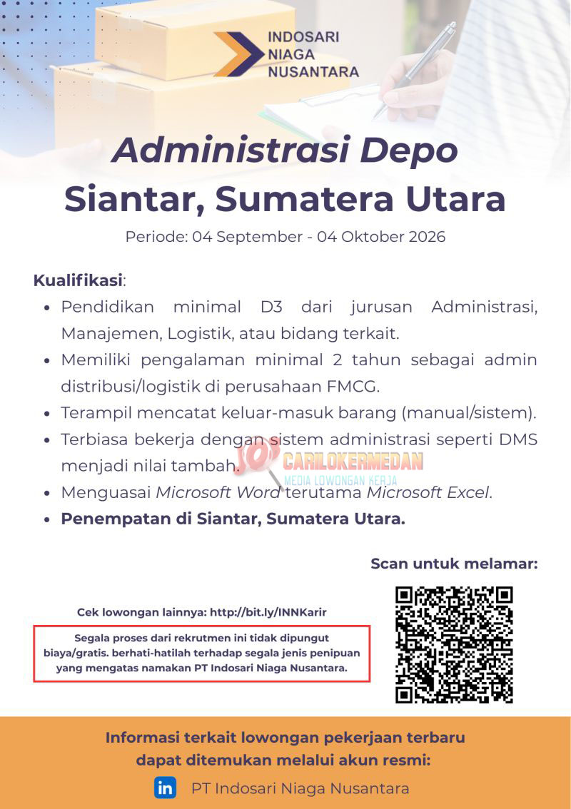 Loker D3 S1 Di PT Indosari Niaga Nusantara Siantar September 2026
