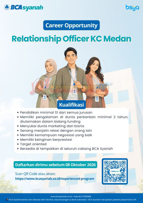 Loker S1 Di PT Bank BCA Syariah KC Medan September 2026