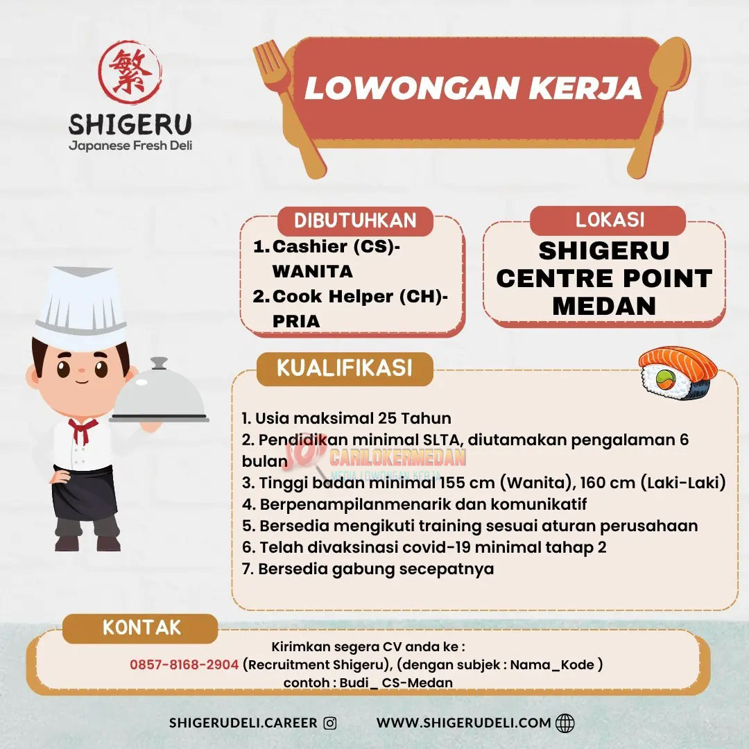 Loker SLTA Di Shigeru Japanese Fresh Deli Centre Point Medan September 2026