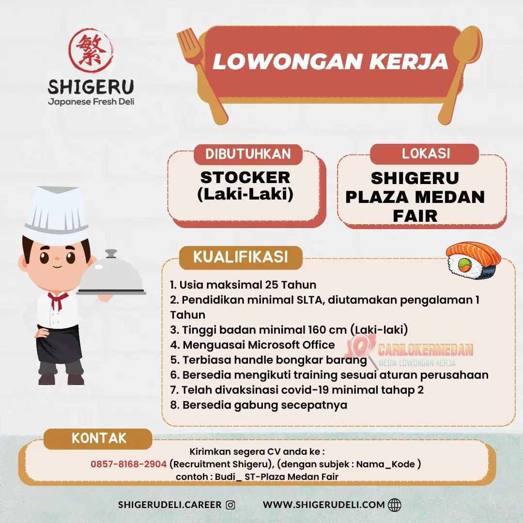 Loker SLTA Di Shigeru Japanese Fresh Deli Plaza Medan Fair September 2026