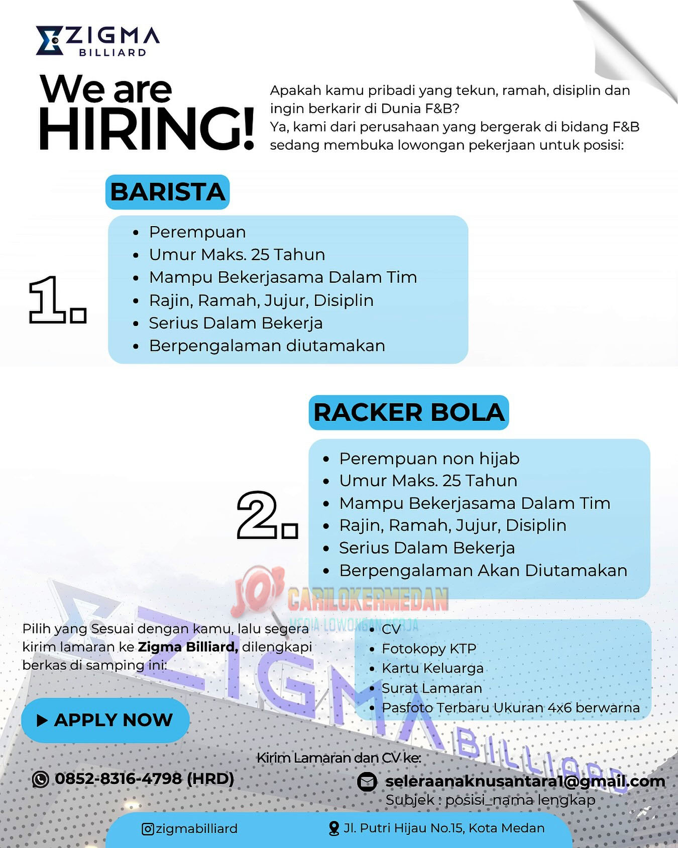 Lowongan Kerja Di Zigma Billiard & Cafe Medan Oktober 2026
